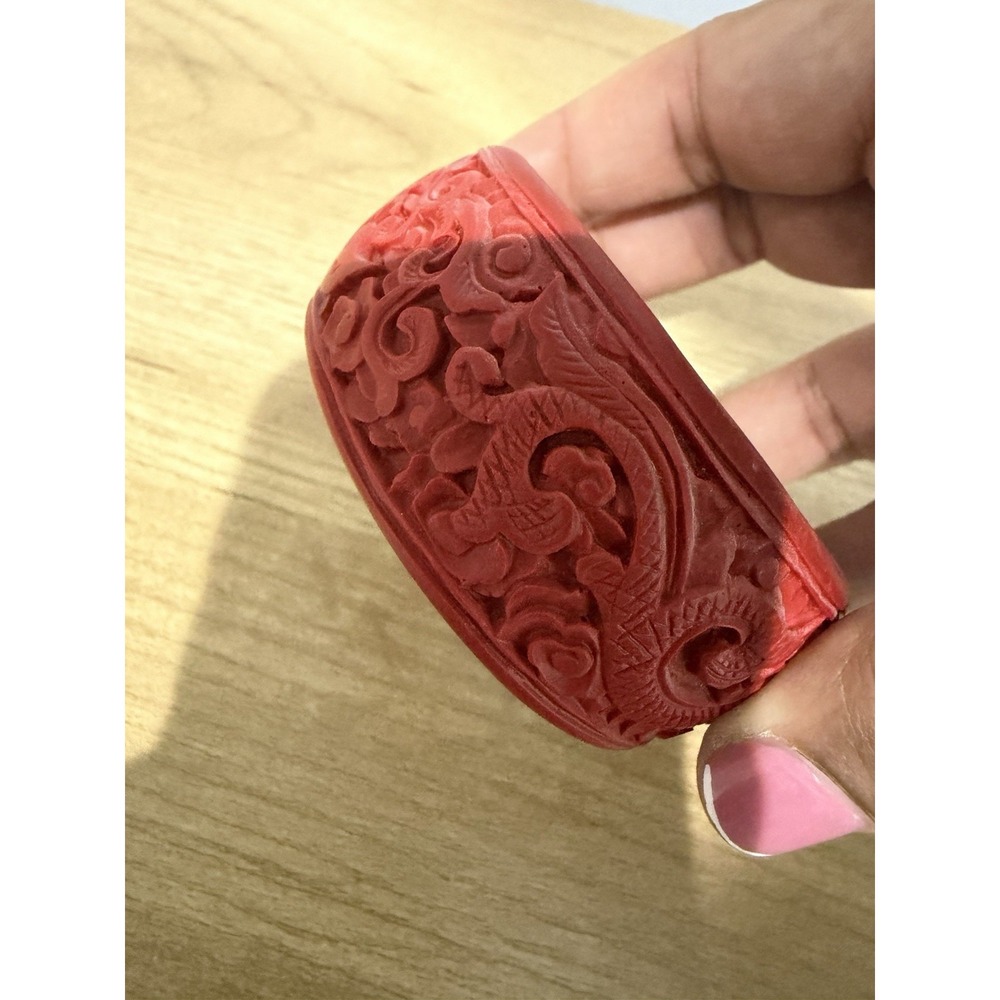 Vintage Deeply Carved Wide Red Cinnabar Floral & Dragon Bangle Bracelet‎